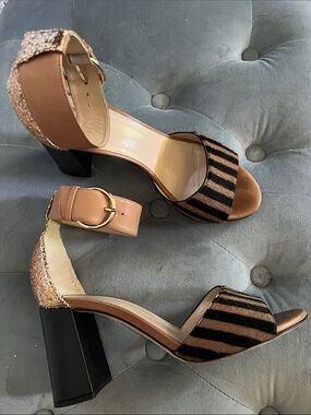 Frances Valentine Tan & Black Striped Block Heel  Leather Sandals w/ Gold Buckle